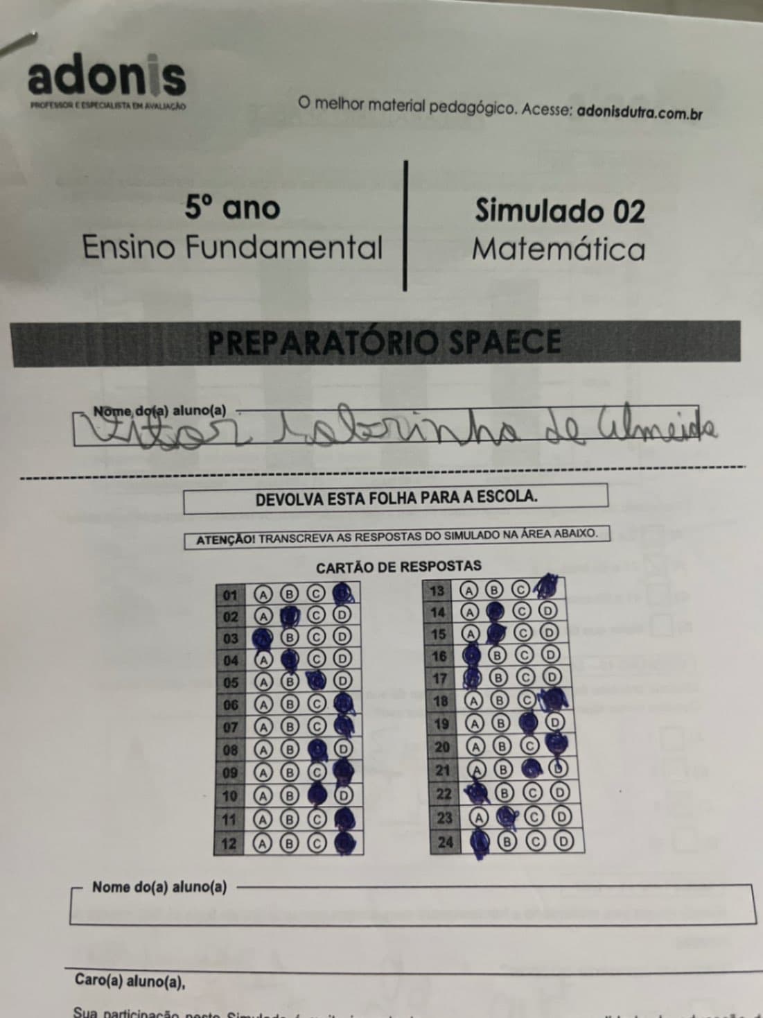 Multiple-choice answer sheet with bubbles filled in for each question