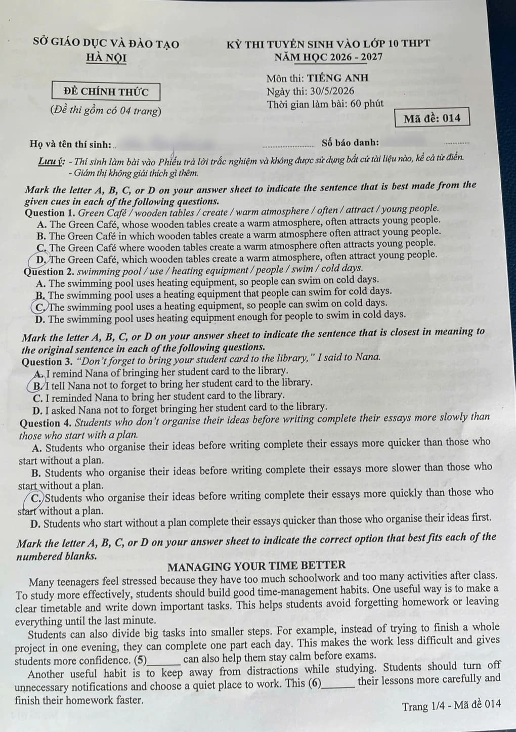 Grade-10 English multiple-choice exam from Hanoi with student pencil marks